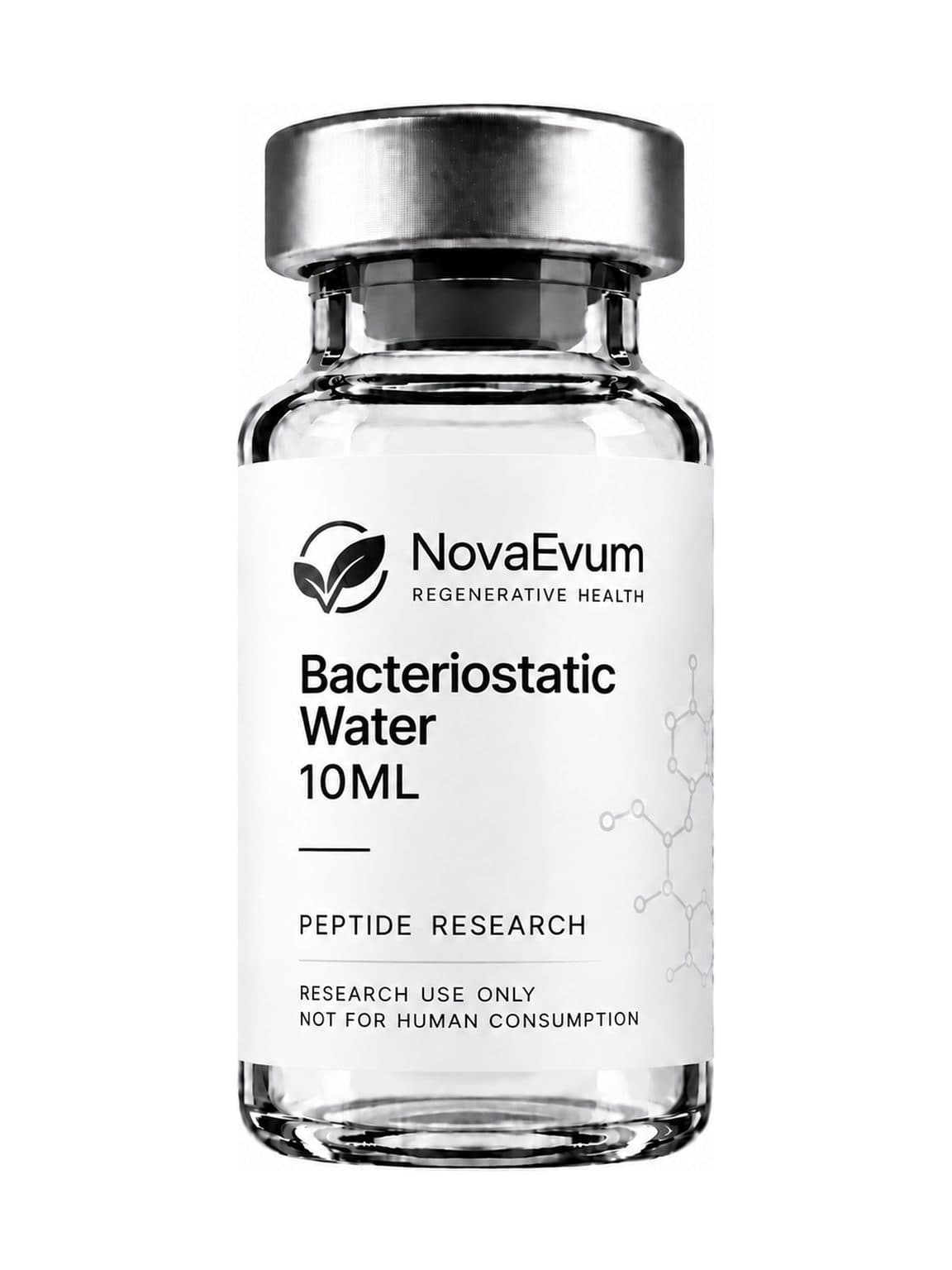 A 10 mL bacteriostatic water vial: clear glass with a silver crimped cap, labelled Bacteriostatic Water 10ML, peptide research, research use only.