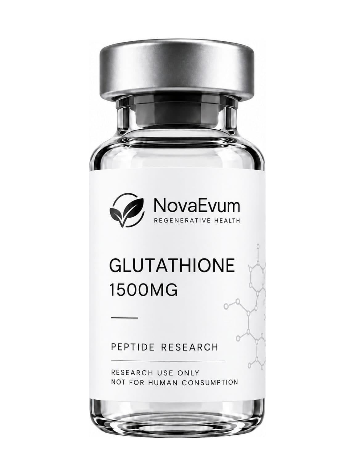 A 1500 mg Glutathione vial: clear glass with a silver crimped cap, labelled GLUTATHIONE 1500MG, peptide research, research use only.