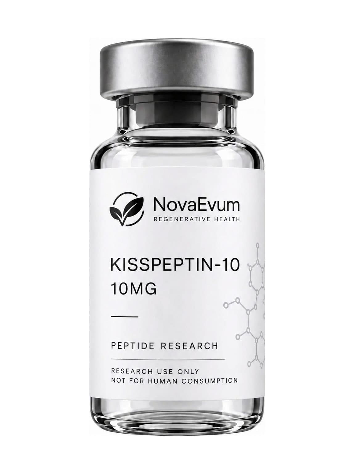 A 10 mg Kisspeptin-10 vial: clear glass with a silver crimped cap, labelled KISSPEPTIN-10 10MG, peptide research, research use only.