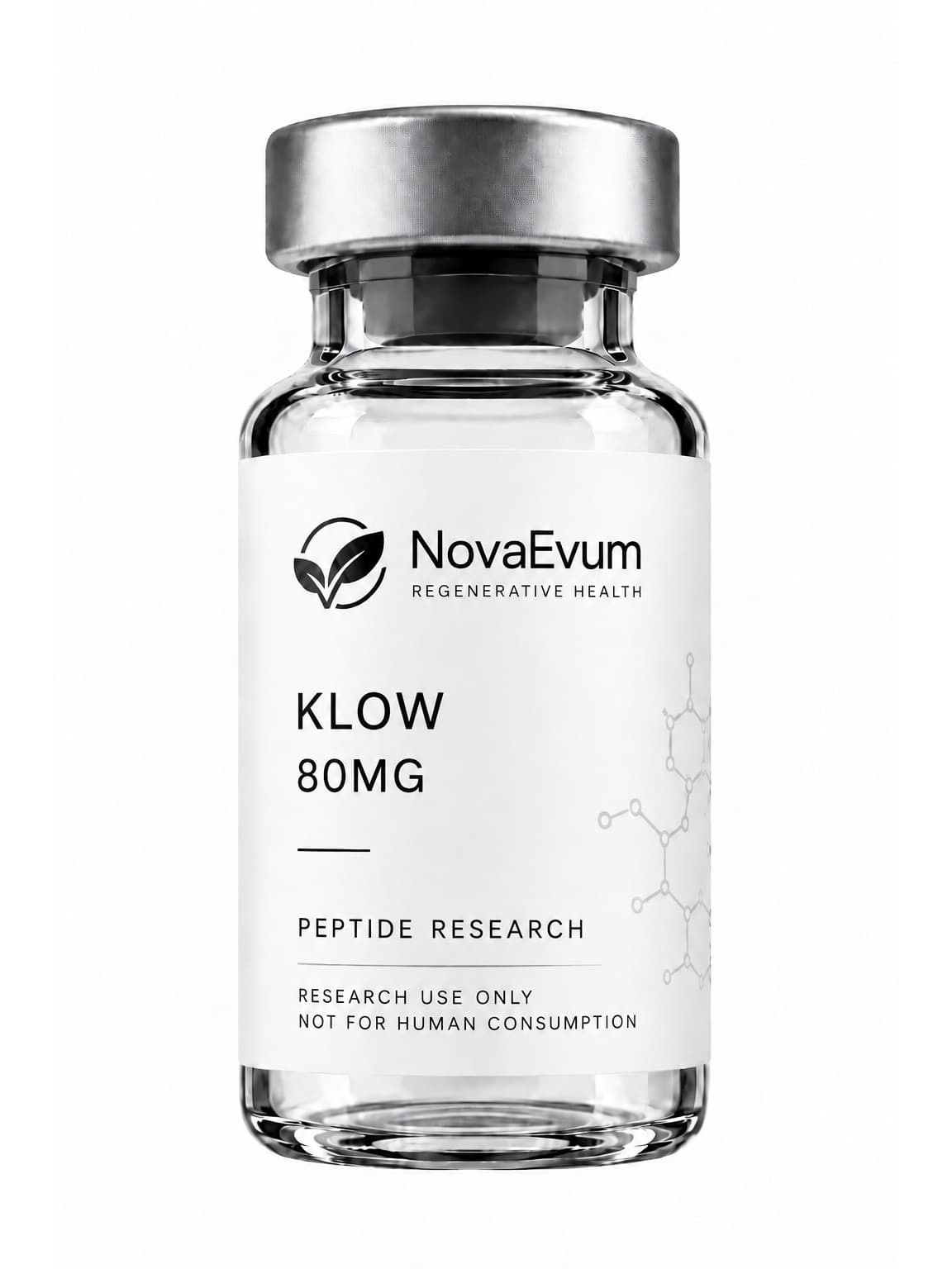 An 80 mg KLOW vial: clear glass with a silver crimped cap, labelled KLOW 80MG, peptide research, research use only.