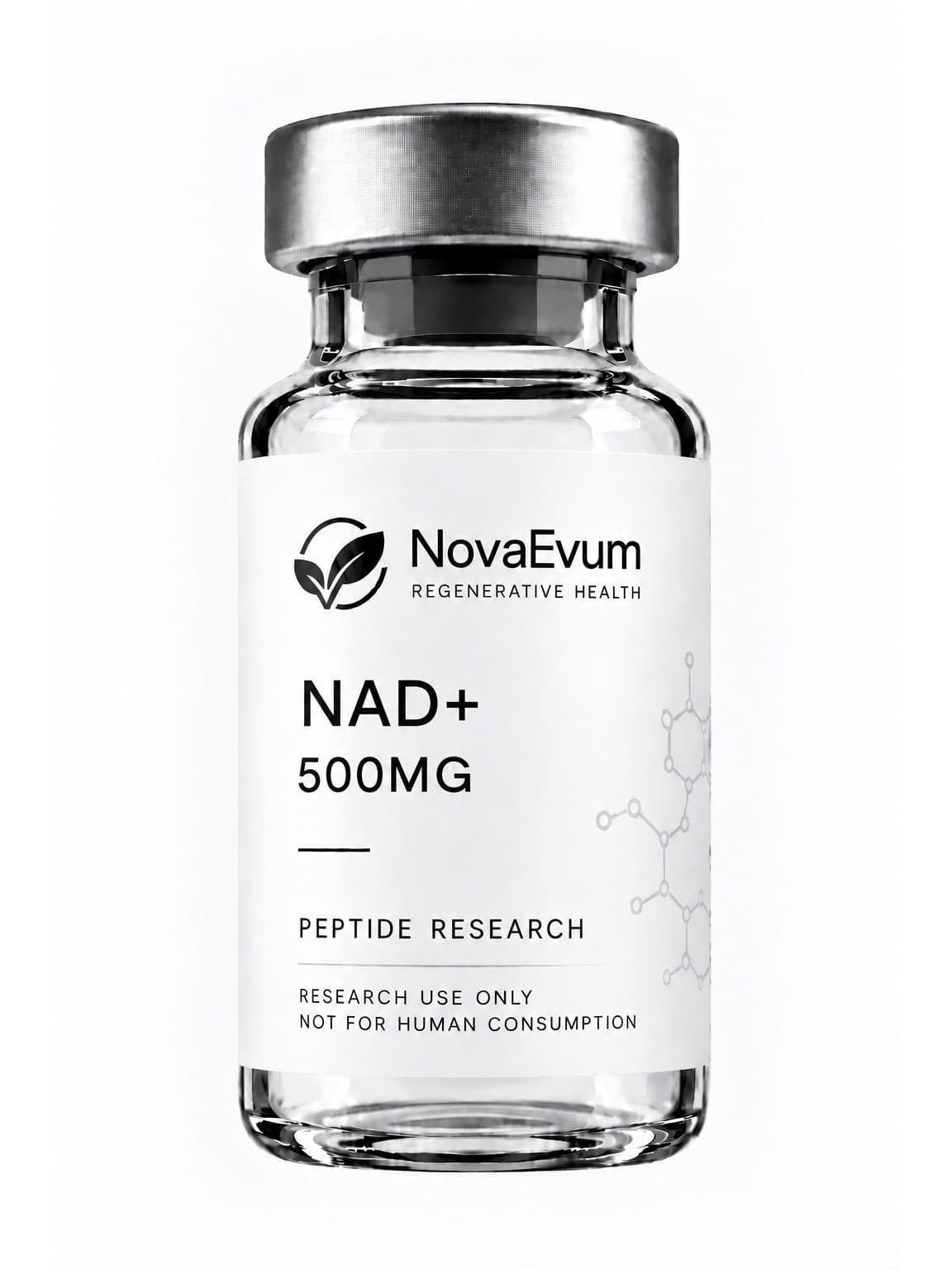 A 500 mg NAD+ vial: clear glass with a silver crimped cap, labelled NAD+ 500MG, peptide research, research use only.