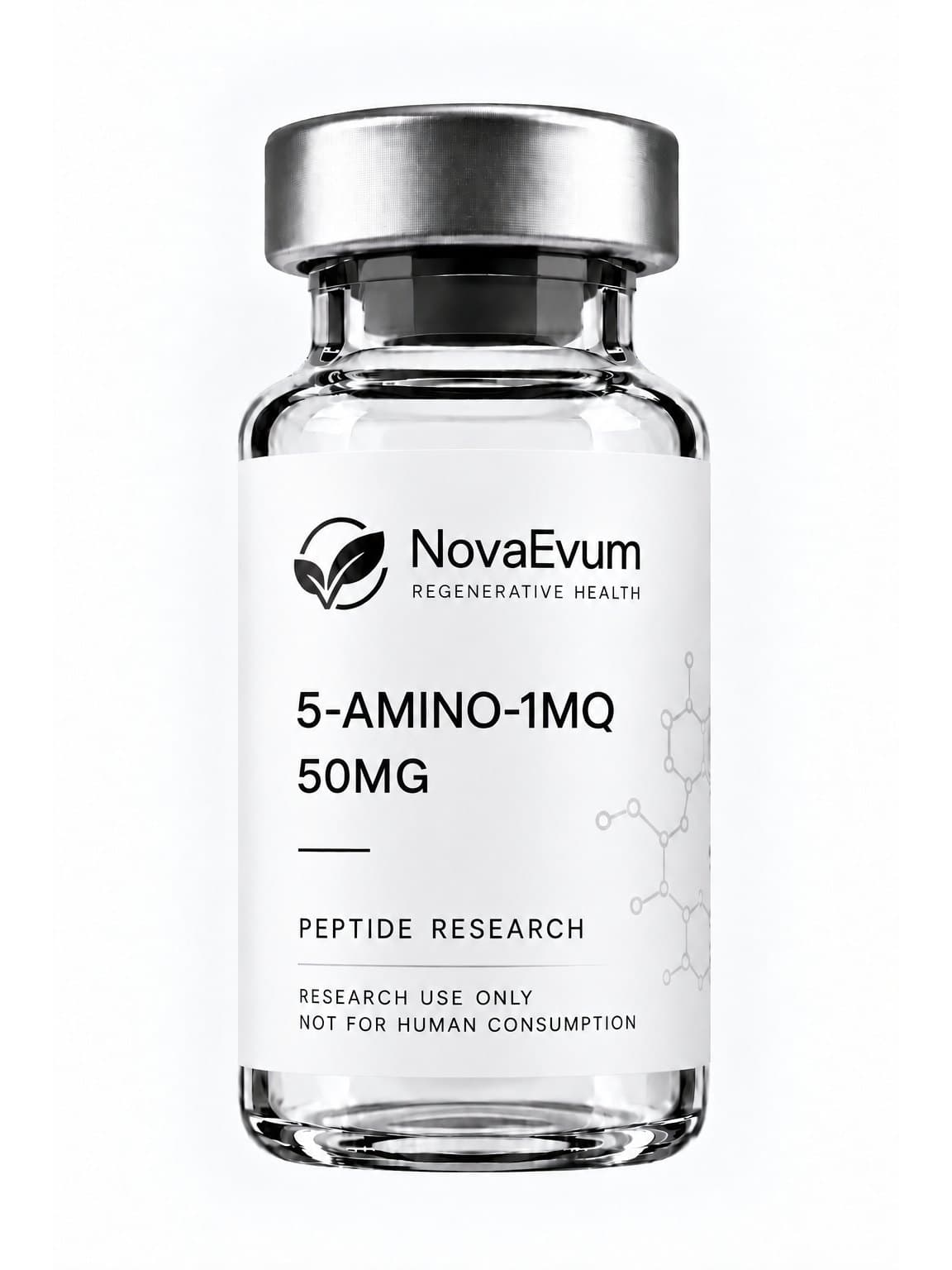 A 50 mg 5-Amino-1MQ vial: clear glass with a silver crimped cap, labelled 5-AMINO-1MQ 50MG, peptide research, research use only, not for human consumption.