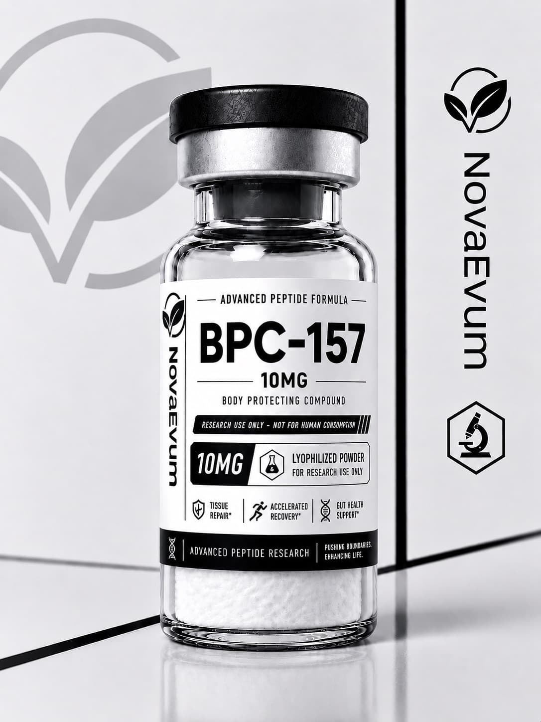 A 10 mg BPC-157 vial of lyophilized powder with a crimped cap, labelled research use only.