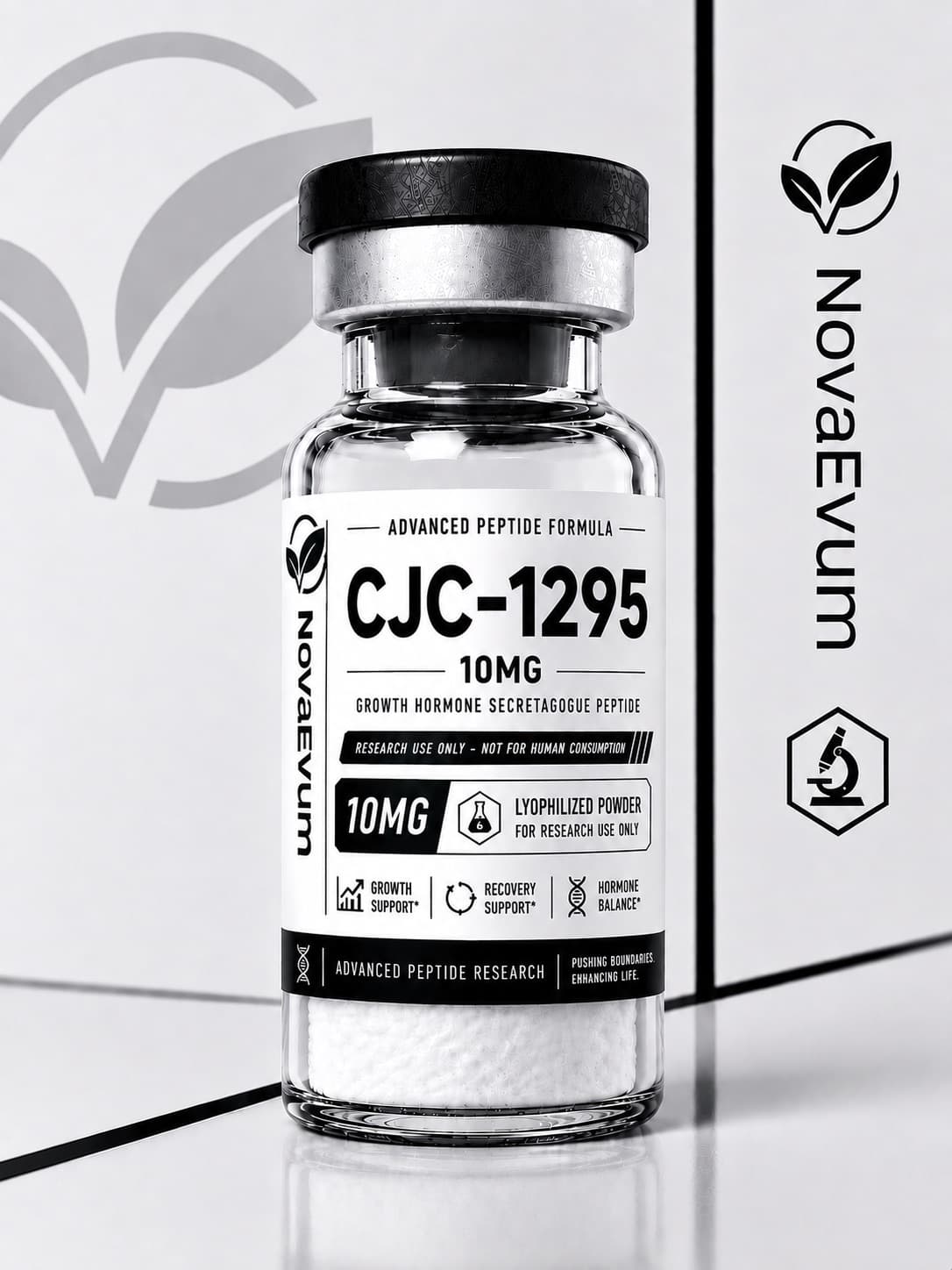 A 10 mg CJC-1295 vial of lyophilized powder with a crimped cap, labelled research use only.