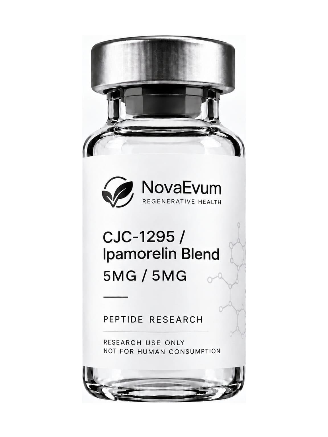 A CJC-1295 / Ipamorelin Blend vial: clear glass with a silver crimped cap, labelled CJC-1295 / Ipamorelin Blend 5MG / 5MG, peptide research, research use only.