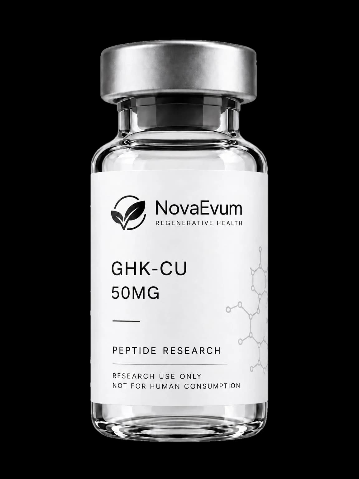 A 50 mg GHK-Cu vial: clear glass with a silver crimped cap, labelled GHK-CU 50MG, peptide research, research use only.