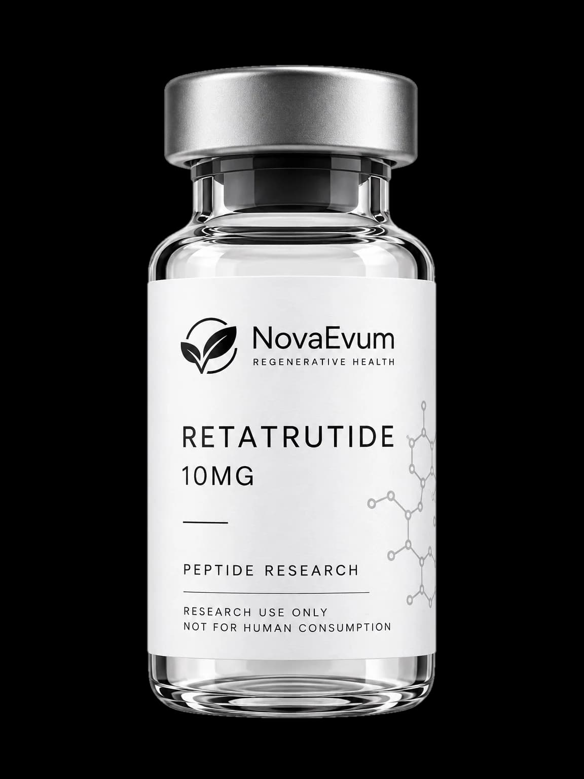 A 10 mg Retatrutide vial: clear glass with a silver crimped cap, labelled RETATRUTIDE 10MG, peptide research, research use only.