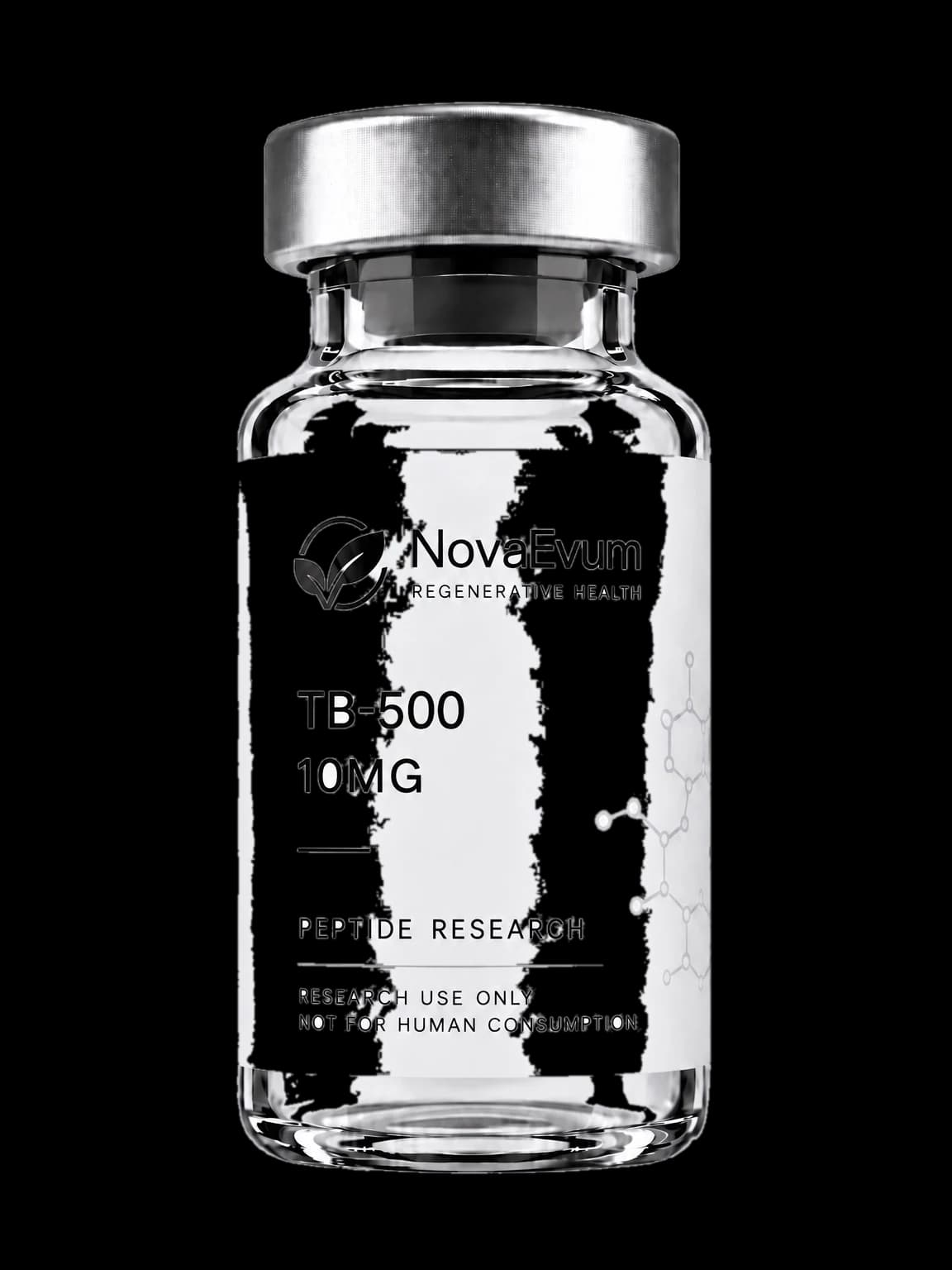 A 10 mg TB-500 vial: clear glass with a silver crimped cap, labelled TB-500 10MG, peptide research, research use only.