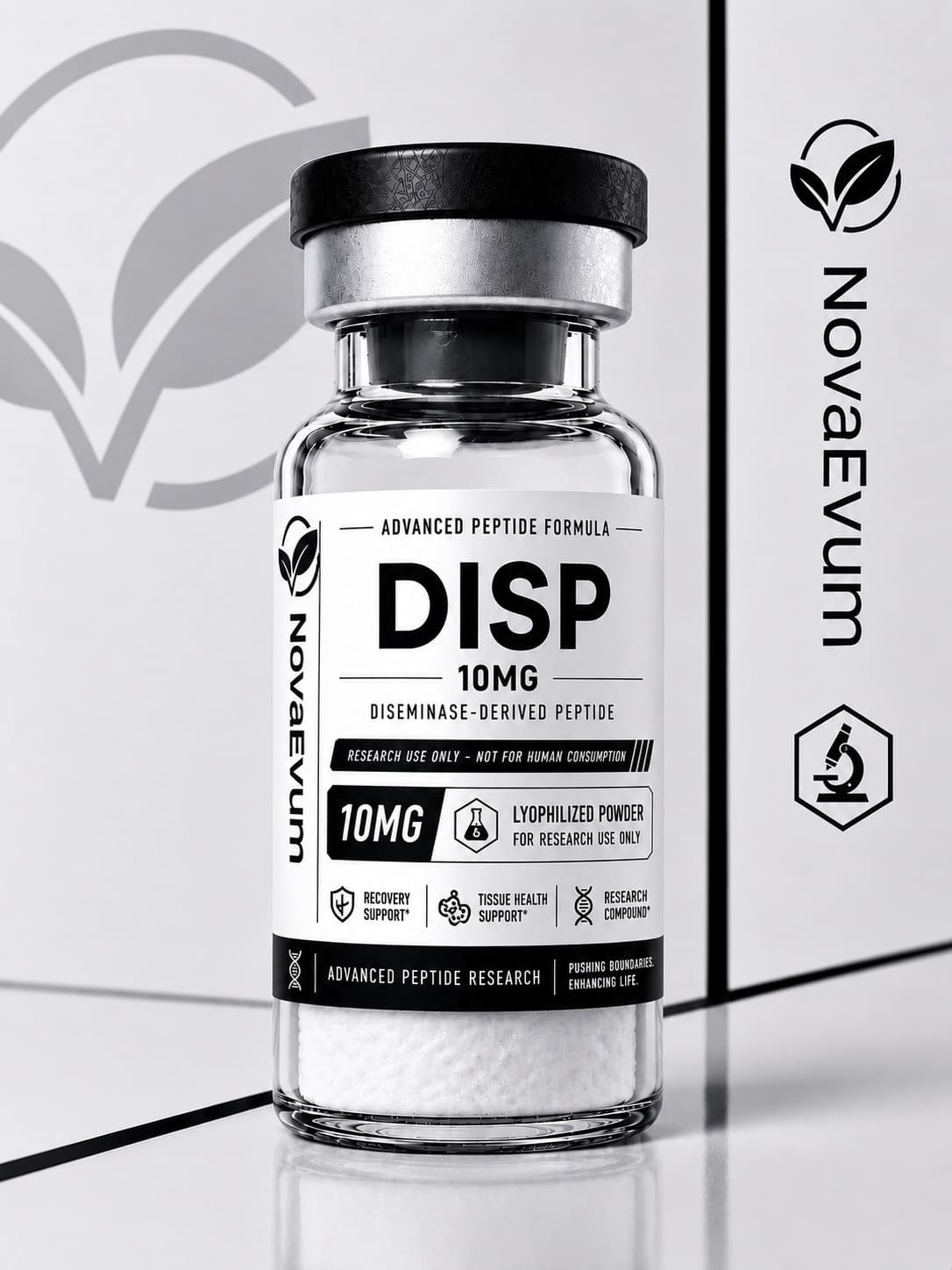 A 10 mg DSIP vial of lyophilized powder with a crimped cap, labelled research use only.