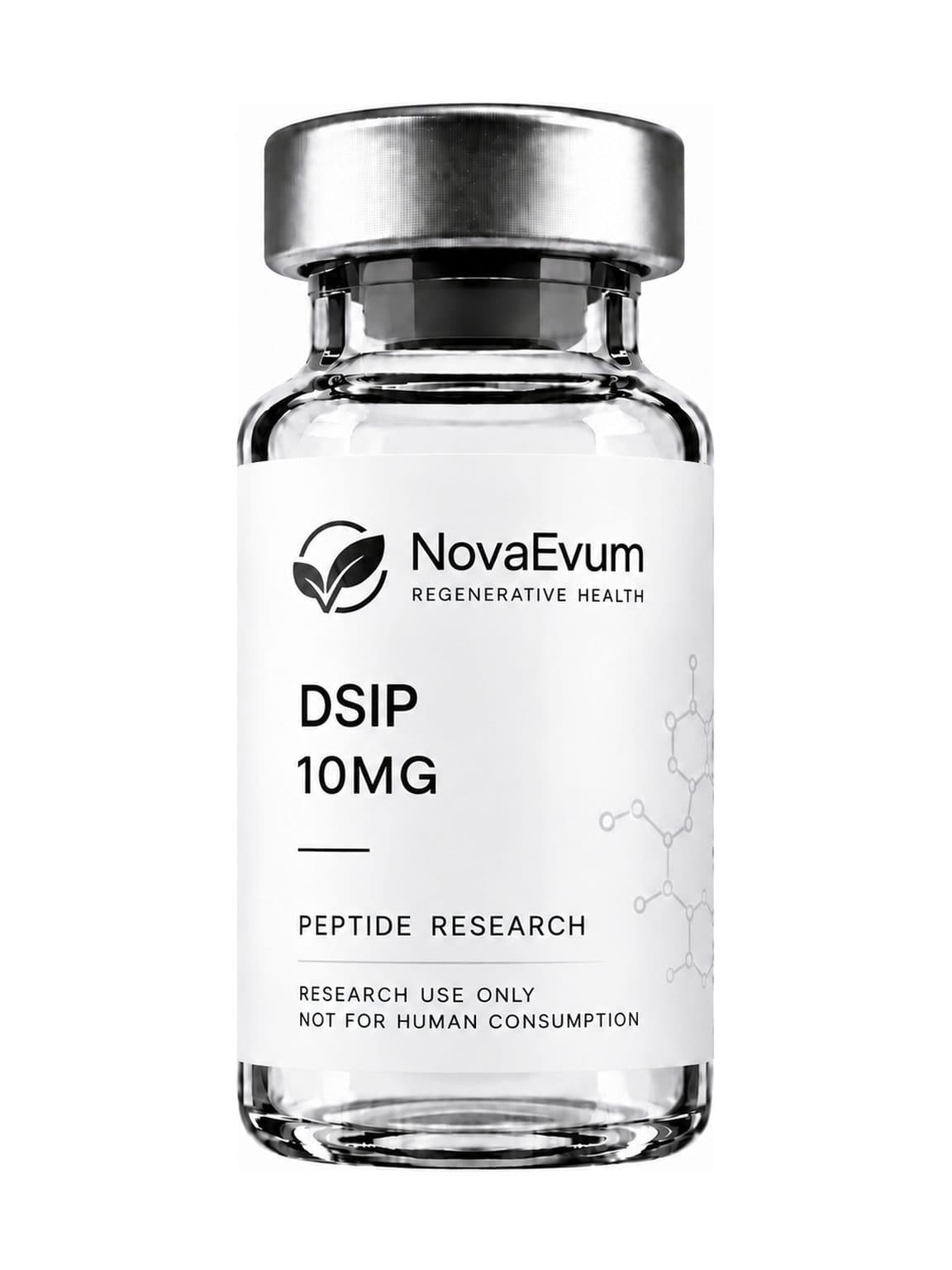 A 10 mg DSIP vial: clear glass with a silver crimped cap, labelled DSIP 10MG, peptide research, research use only.