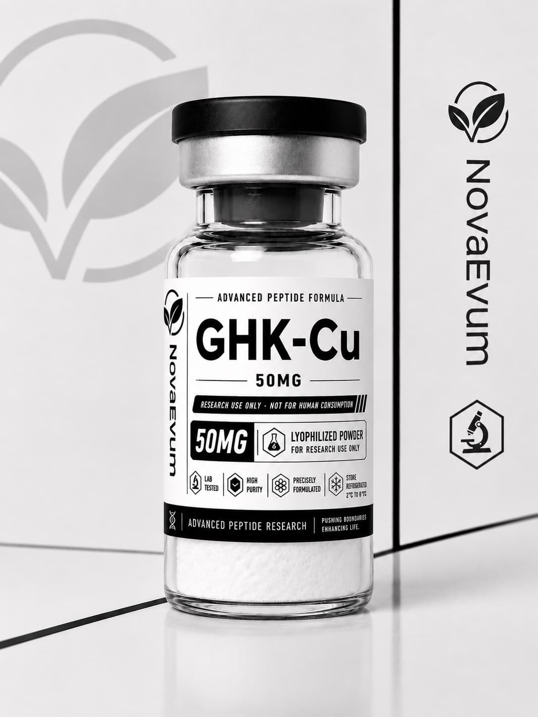 A 50 mg GHK-Cu vial of lyophilized powder with a crimped cap, labelled research use only.