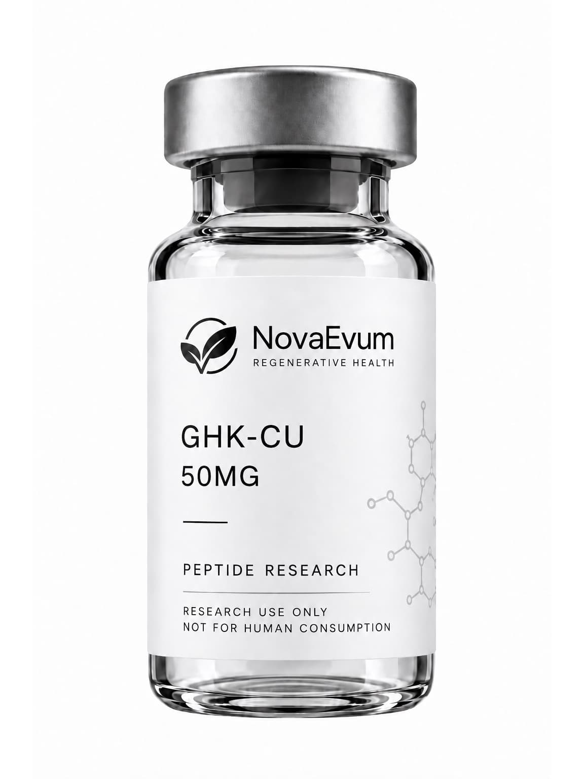 A 50 mg GHK-Cu vial: clear glass with a silver crimped cap, labelled GHK-CU 50MG, peptide research, research use only.
