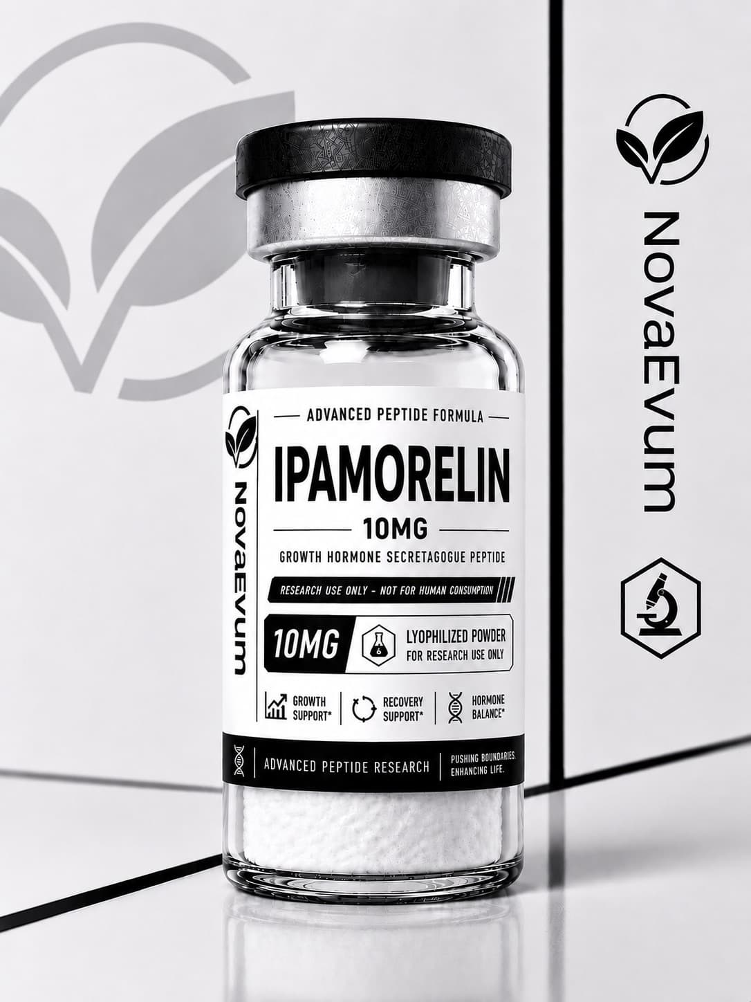 A 10 mg Ipamorelin vial of lyophilized powder with a crimped cap, labelled research use only.