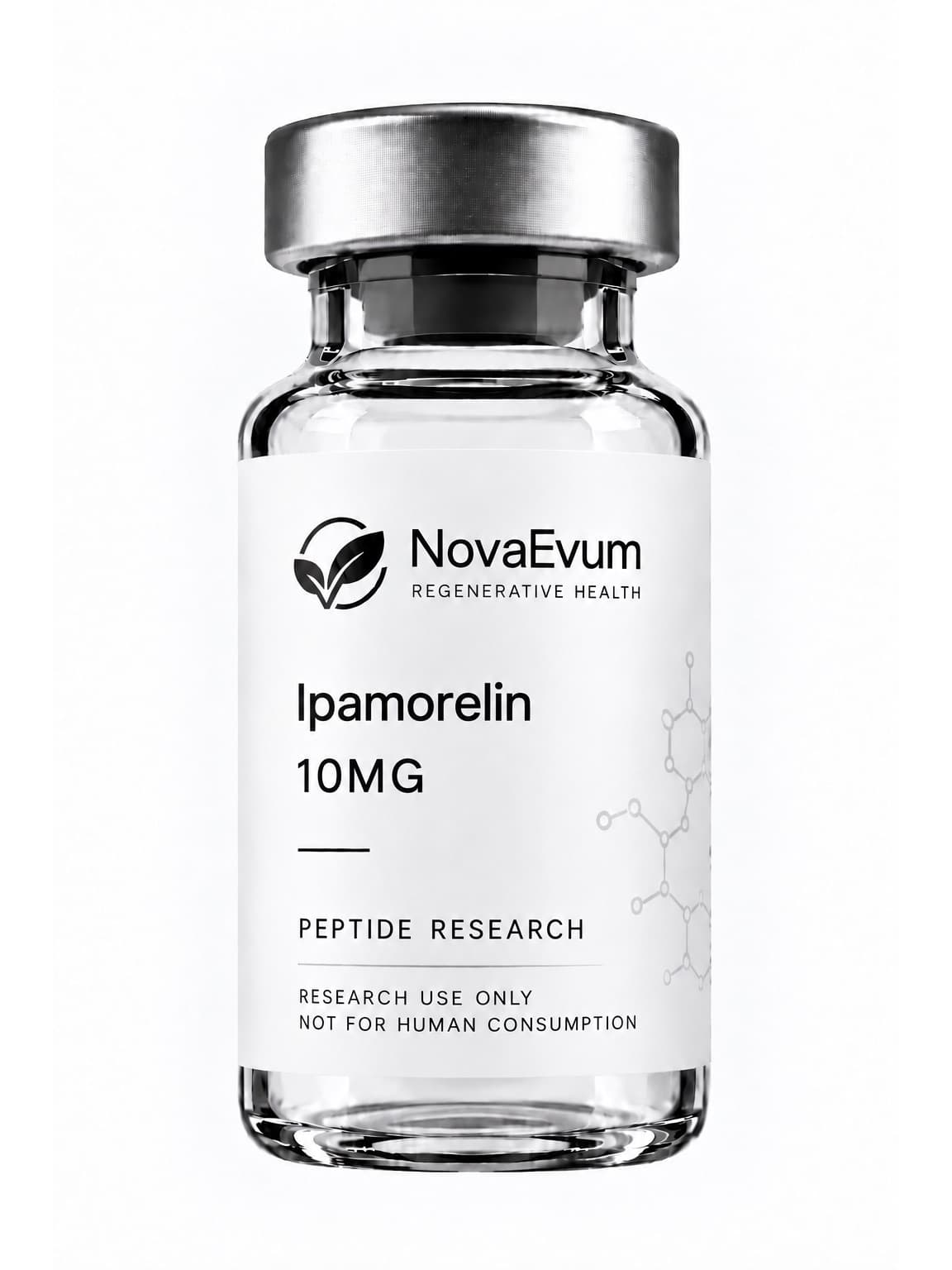 A 10 mg Ipamorelin vial: clear glass with a silver crimped cap, labelled Ipamorelin 10MG, peptide research, research use only.