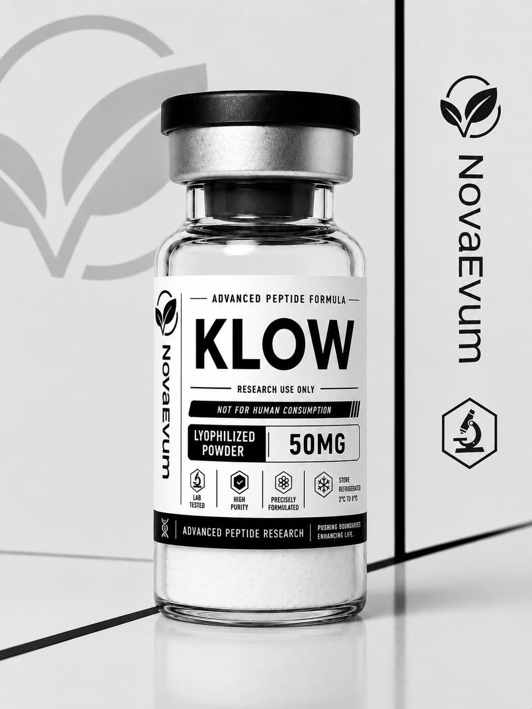 A KLOW vial of lyophilized powder with a crimped cap, labelled research use only.