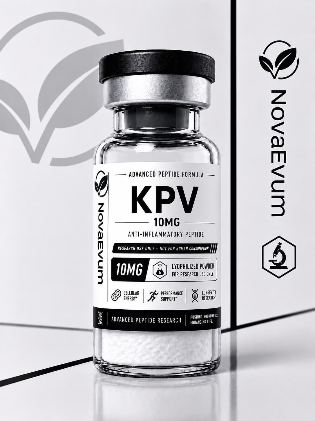 A 10 mg KPV vial of lyophilized powder with a crimped cap, labelled research use only.