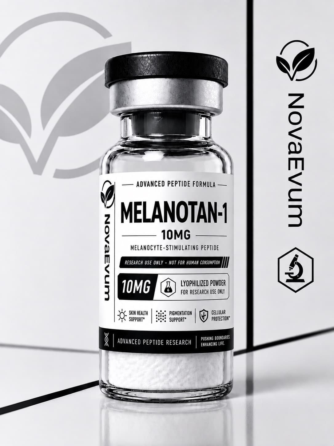 A 10 mg Melanotan I vial of lyophilized powder with a crimped cap, labelled research use only.