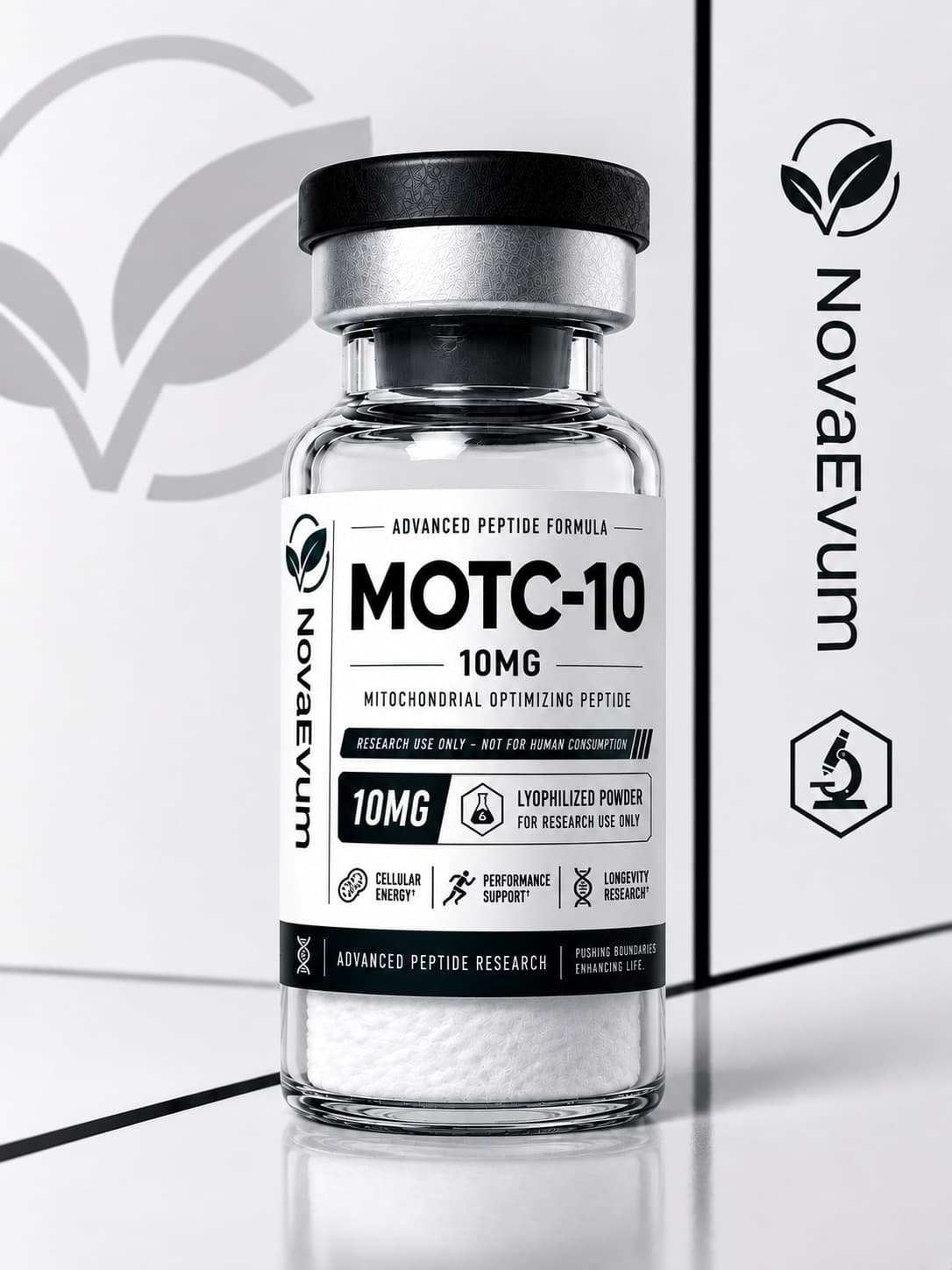 A 10 mg MOTS-c vial of lyophilized powder with a crimped cap, labelled research use only.