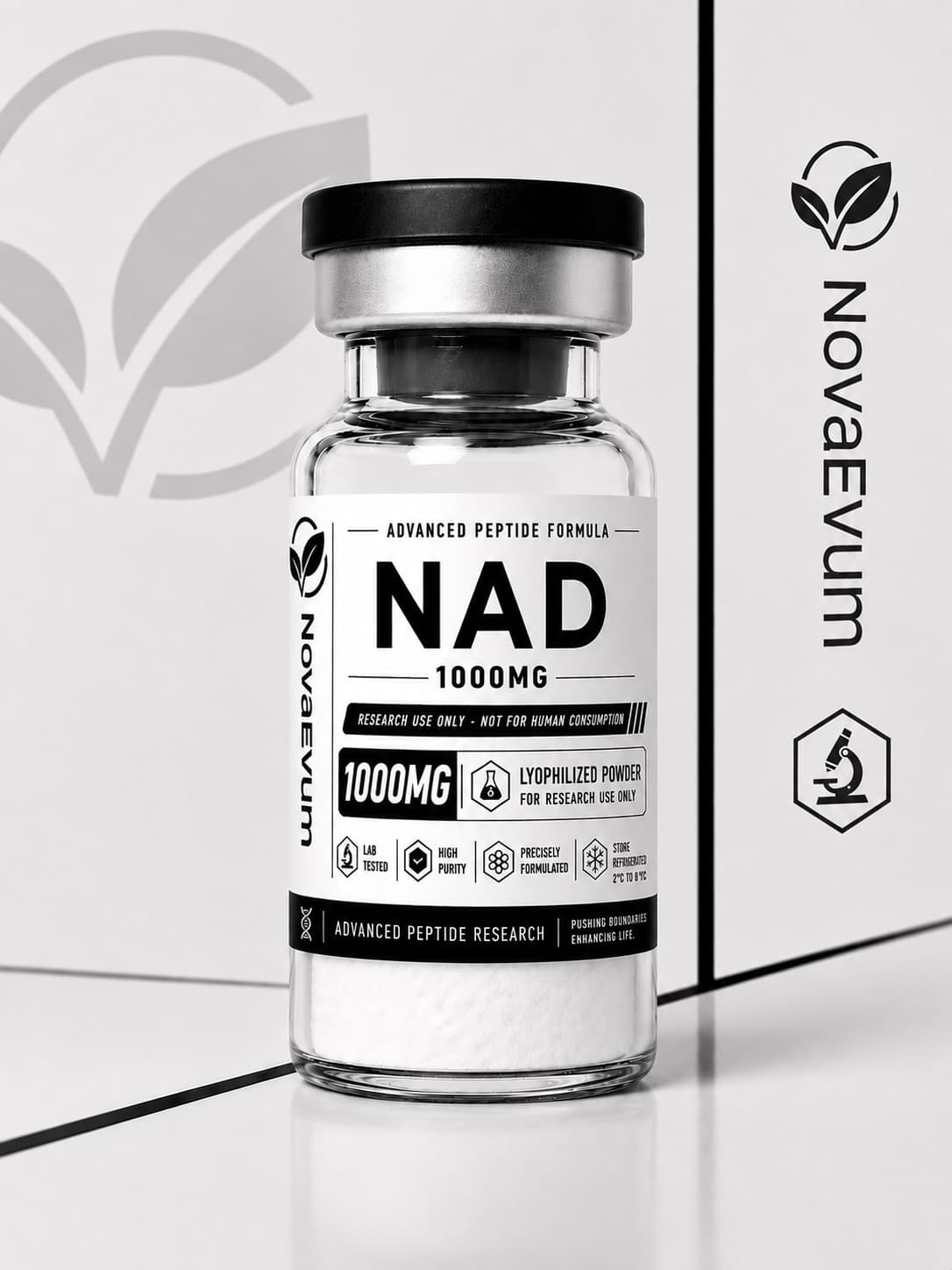 A 1000 mg NAD+ vial of lyophilized powder with a crimped cap, labelled research use only.