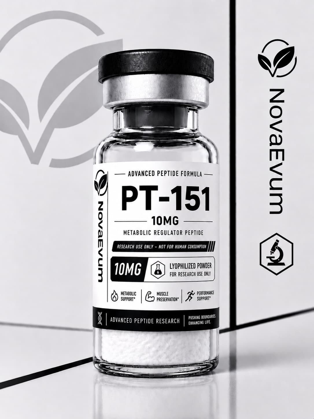 A 10 mg PT-141 vial of lyophilized powder with a crimped cap, labelled research use only.