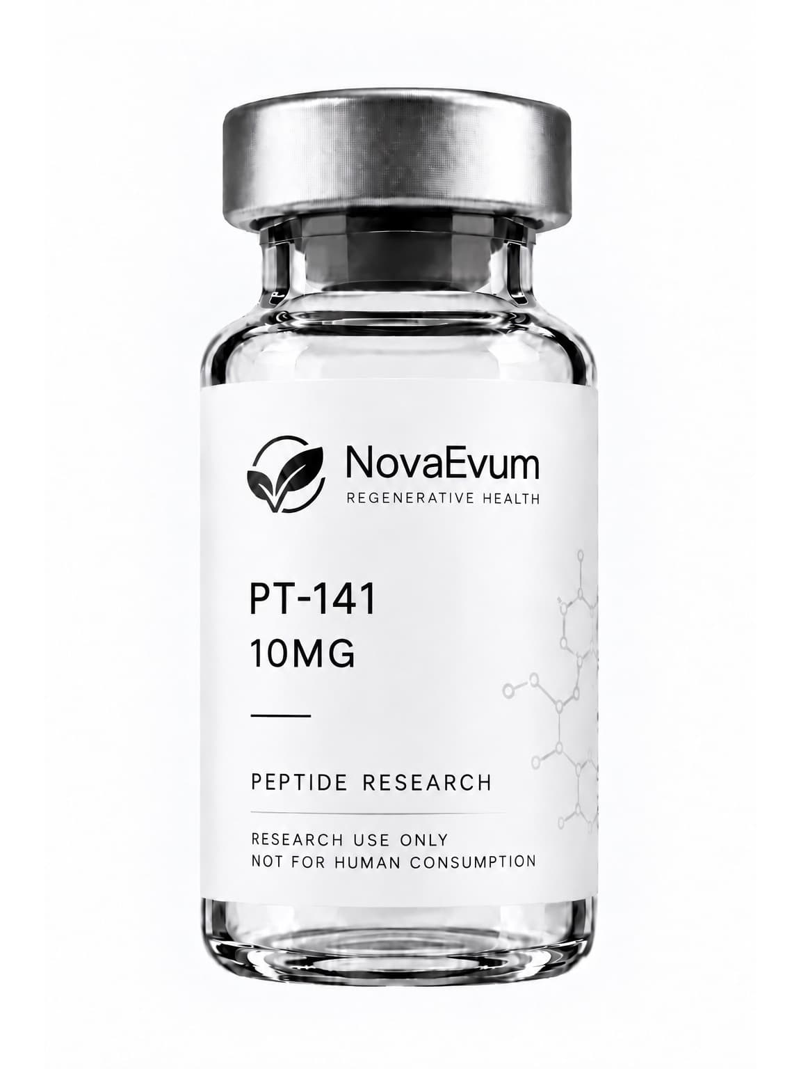 A 10 mg PT-141 vial: clear glass with a silver crimped cap, labelled PT-141 10MG, peptide research, research use only.