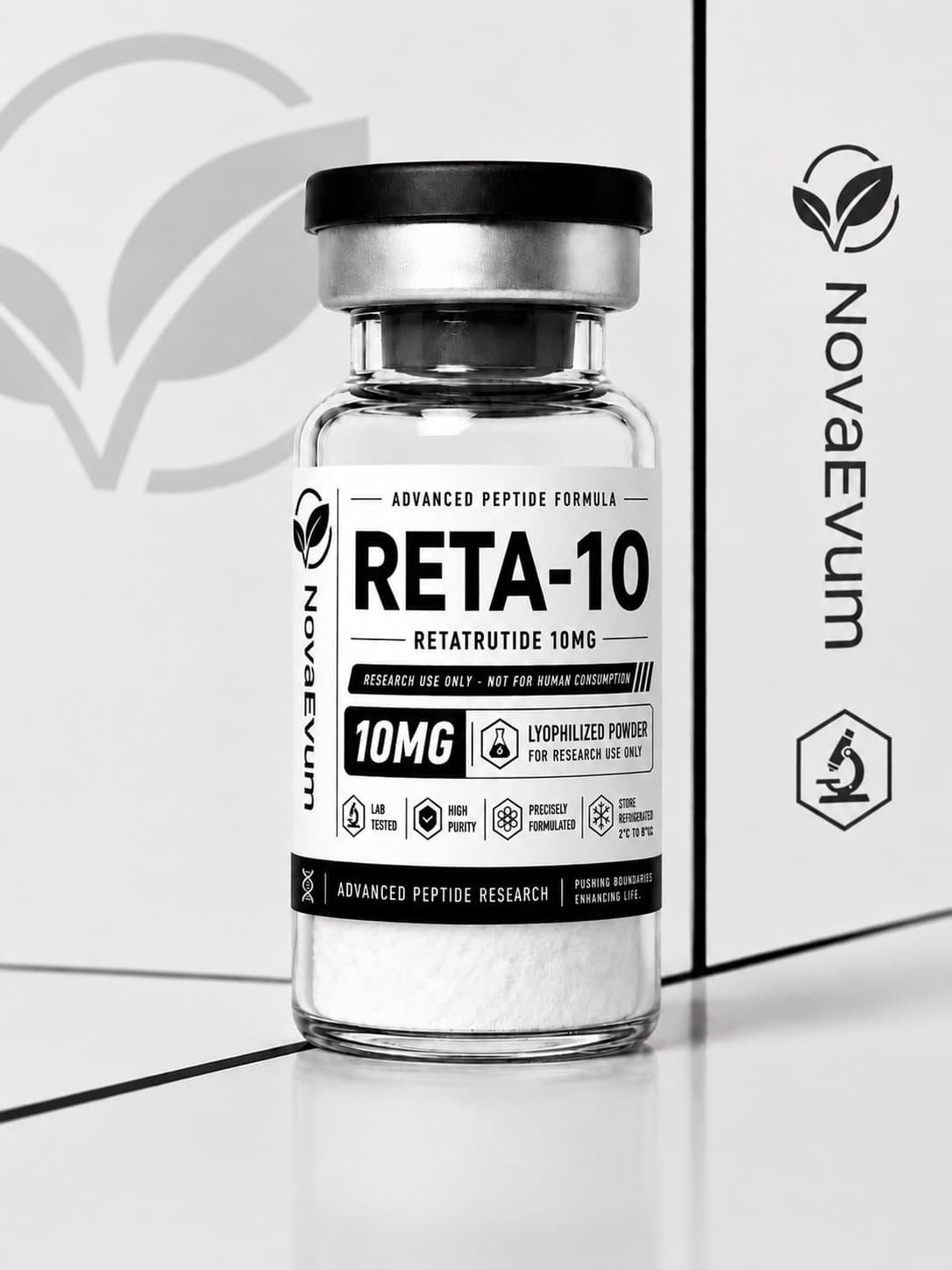 A 10 mg Retatrutide vial of lyophilized powder with a crimped aluminium cap, labelled research use only.