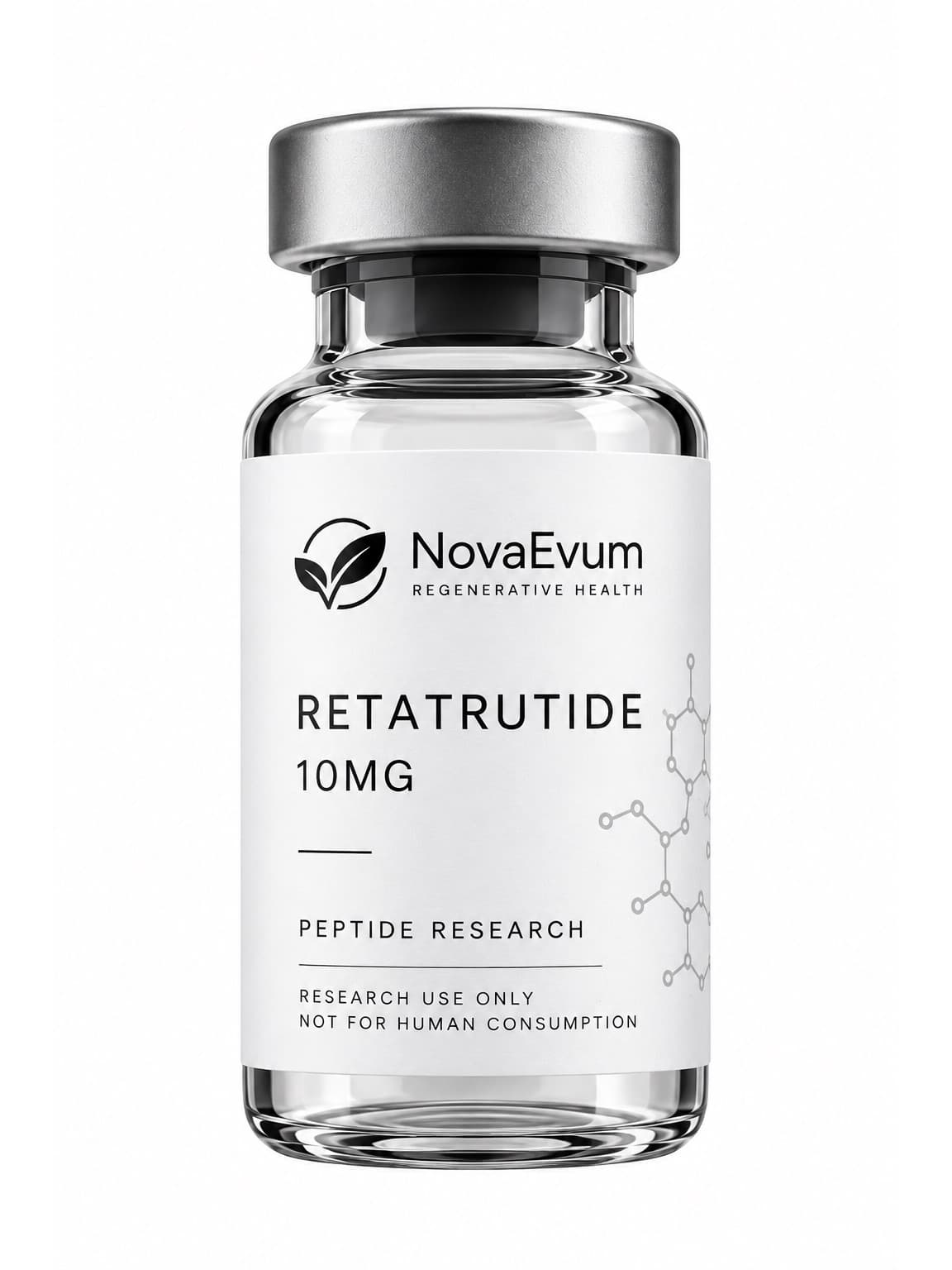A 10 mg Retatrutide vial: clear glass with a silver crimped cap, labelled RETATRUTIDE 10MG, peptide research, research use only.