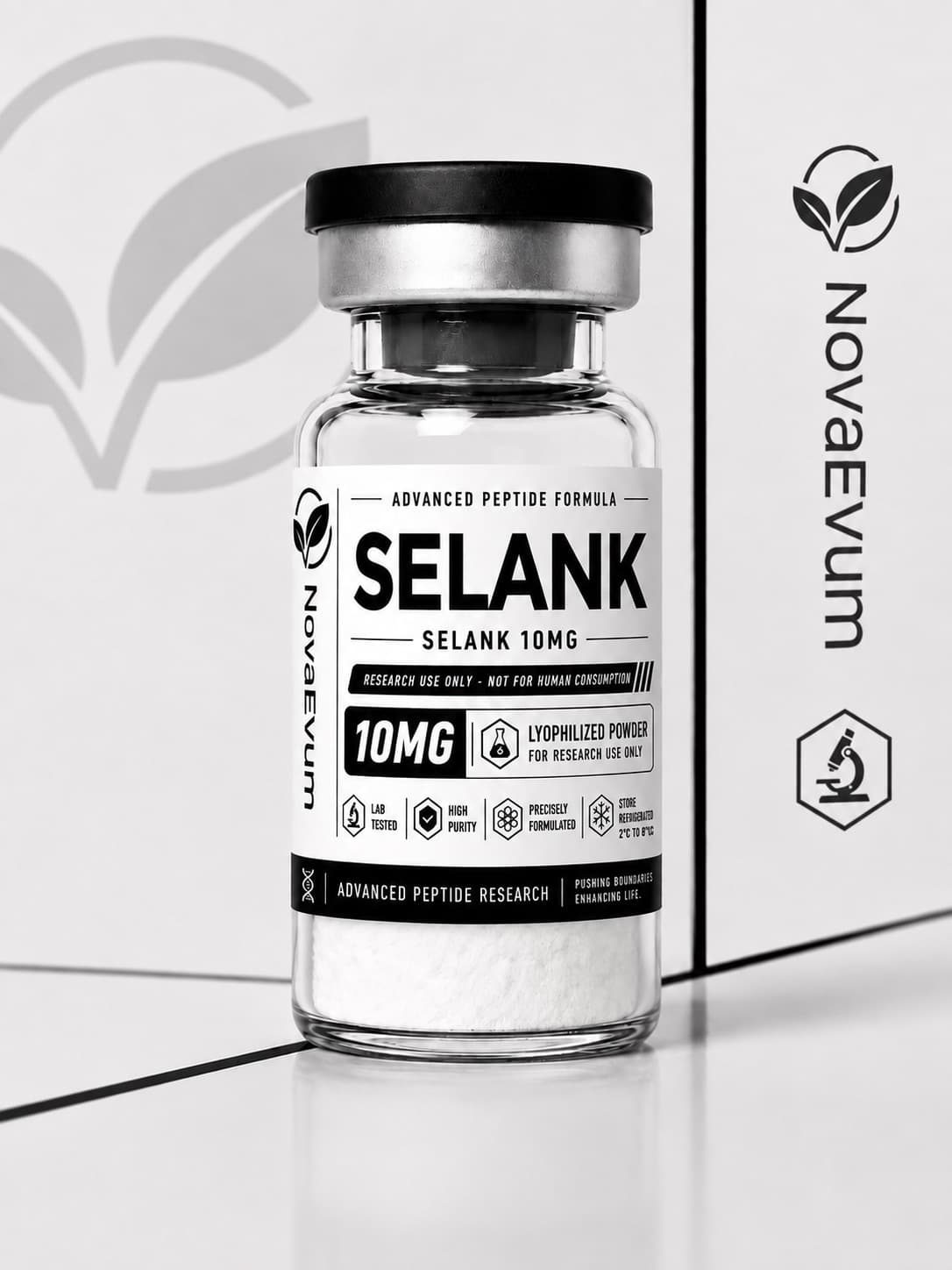 A 10 mg Selank vial of lyophilized powder with a crimped cap, labelled research use only.