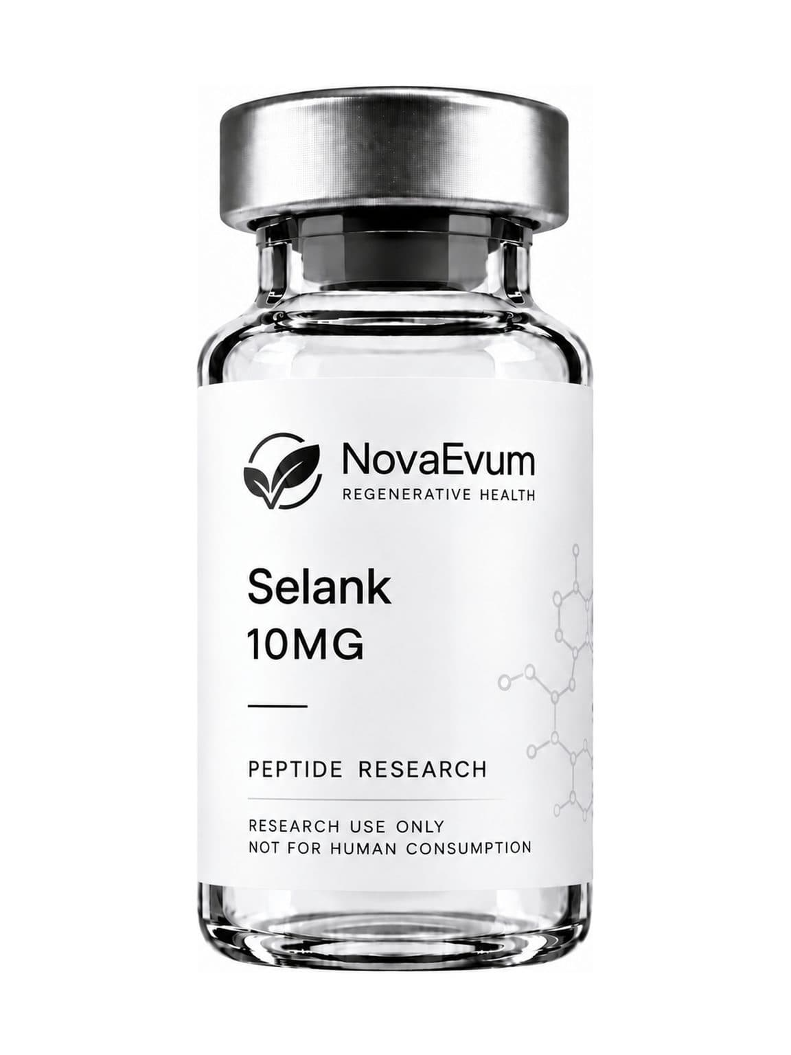 A 10 mg Selank vial: clear glass with a silver crimped cap, labelled Selank 10MG, peptide research, research use only.