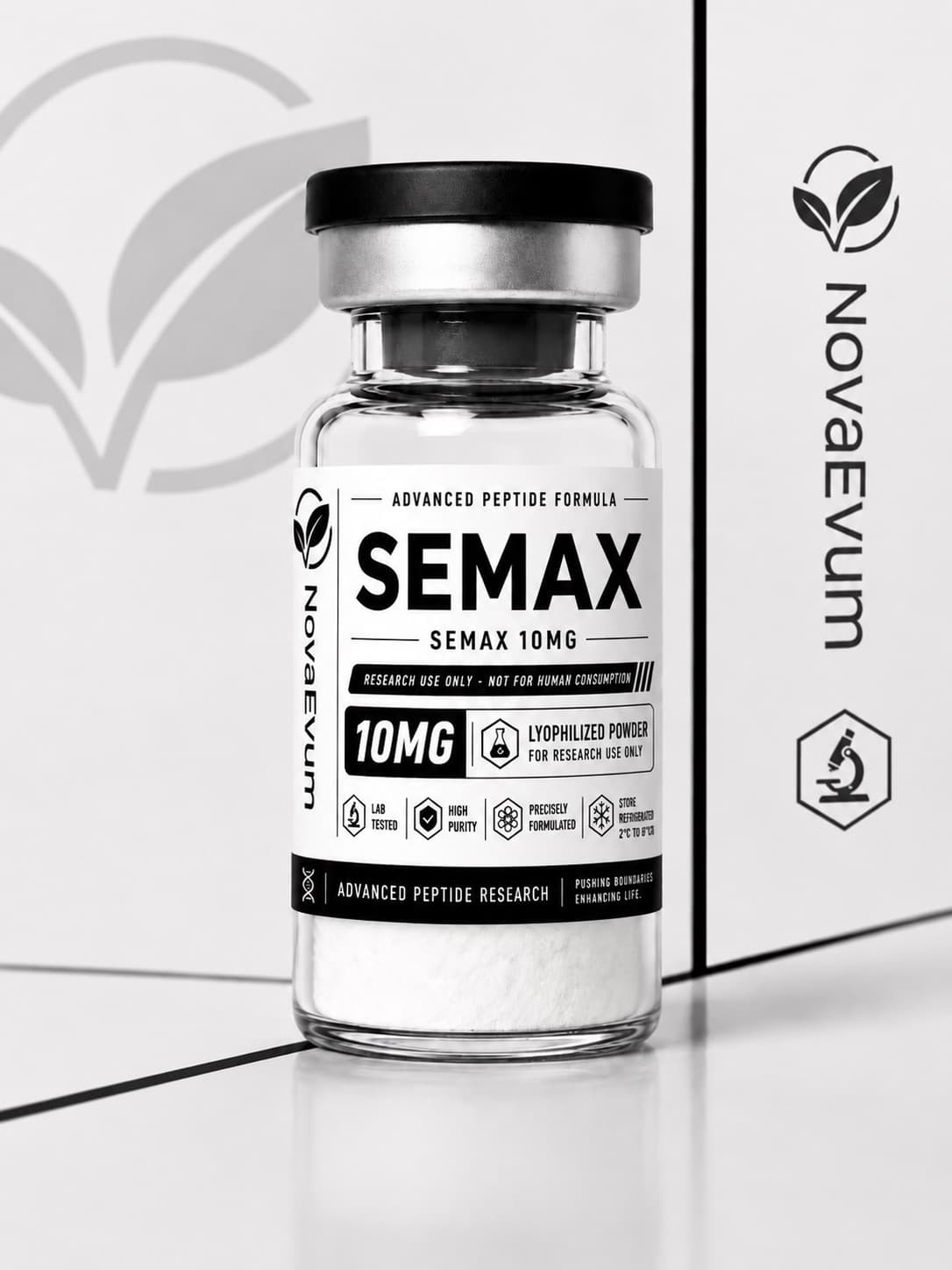 A 10 mg Semax vial of lyophilized powder with a crimped cap, labelled research use only.