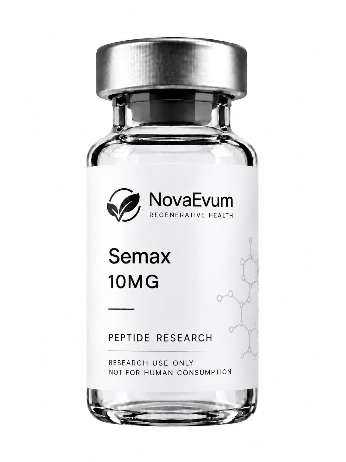 A 10 mg Semax vial: clear glass with a silver crimped cap, labelled Semax 10MG, peptide research, research use only.
