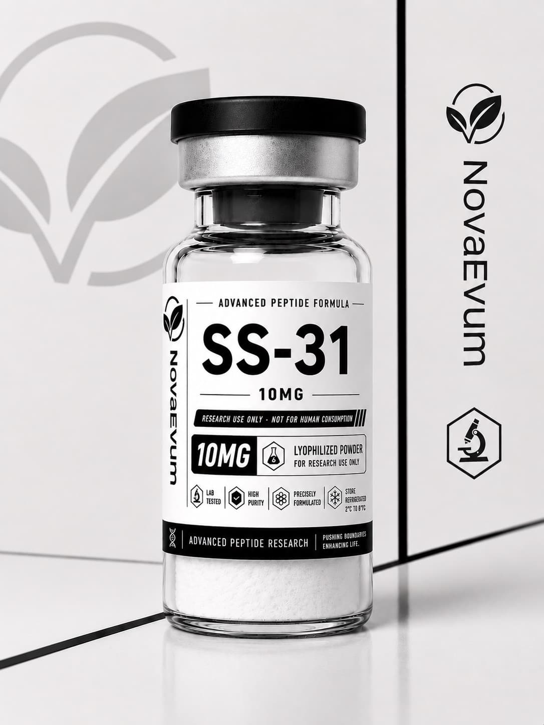 A 10 mg SS-31 vial of lyophilized powder with a crimped cap, labelled research use only.