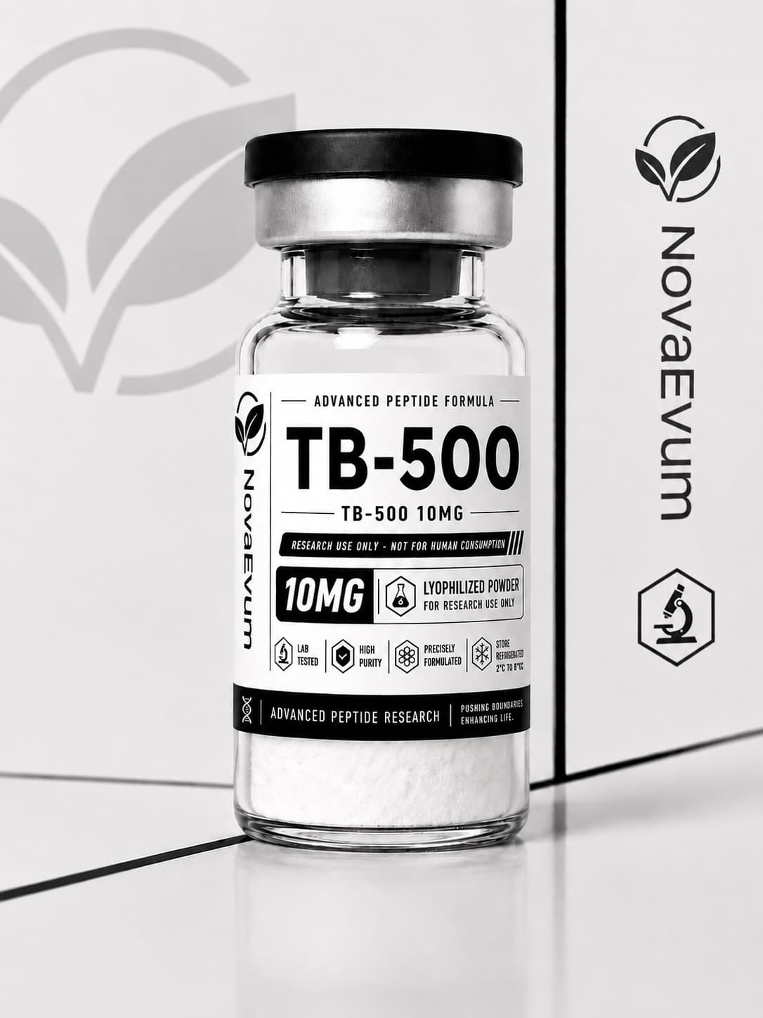A 10 mg TB-500 vial of lyophilized powder with a crimped cap, labelled research use only.