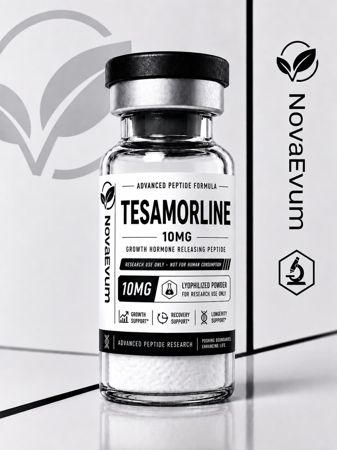 A 10 mg Tesamorelin vial of lyophilized powder with a crimped cap, labelled research use only.