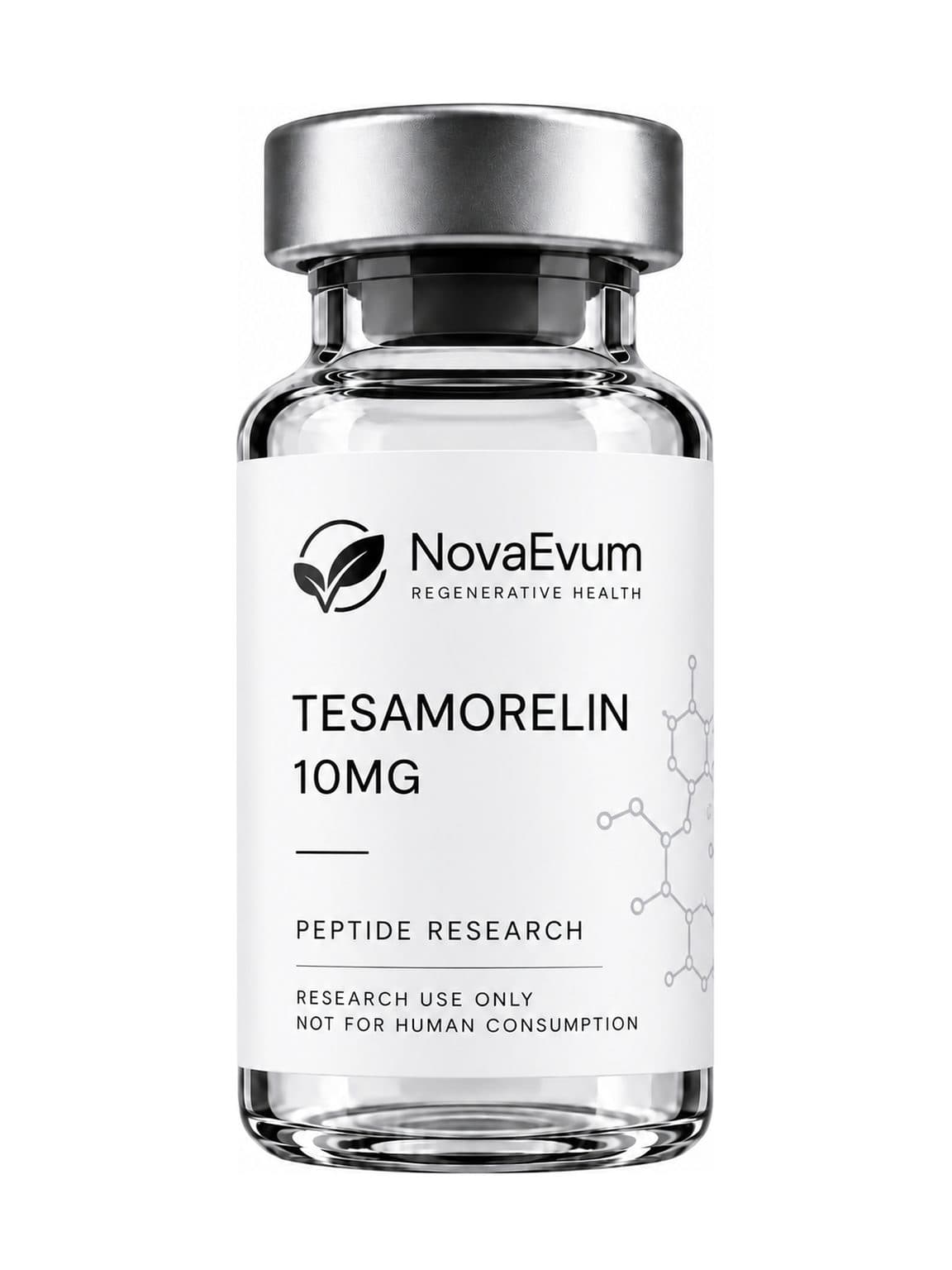 A 10 mg Tesamorelin vial: clear glass with a silver crimped cap, labelled TESAMORELIN 10MG, peptide research, research use only.
