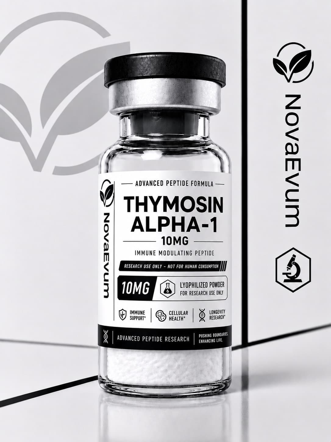A 10 mg Thymosin Alpha-1 vial of lyophilized powder with a crimped cap, labelled research use only.