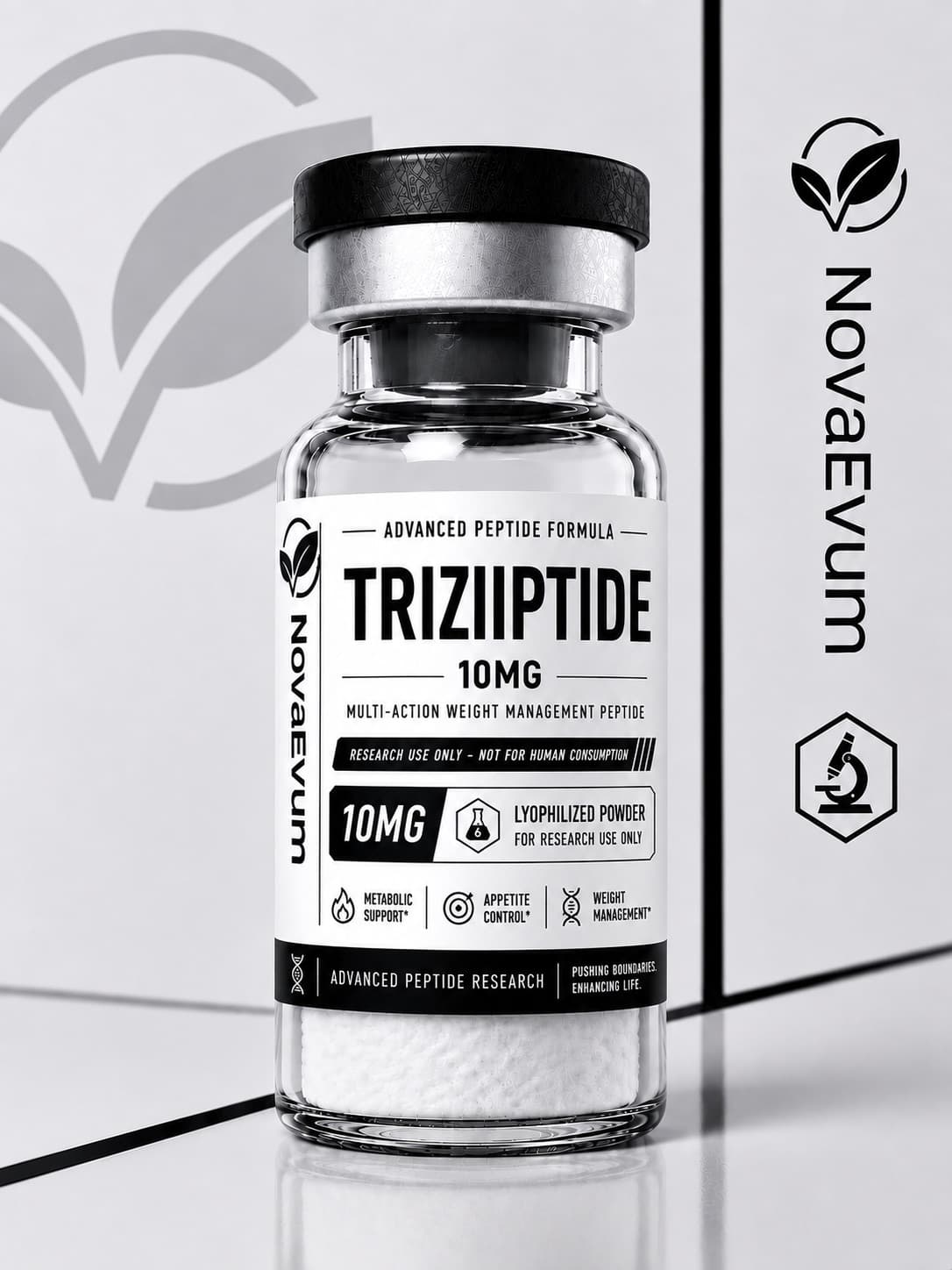 A 10 mg Tirzepatide vial of lyophilized powder with a crimped cap, labelled research use only.