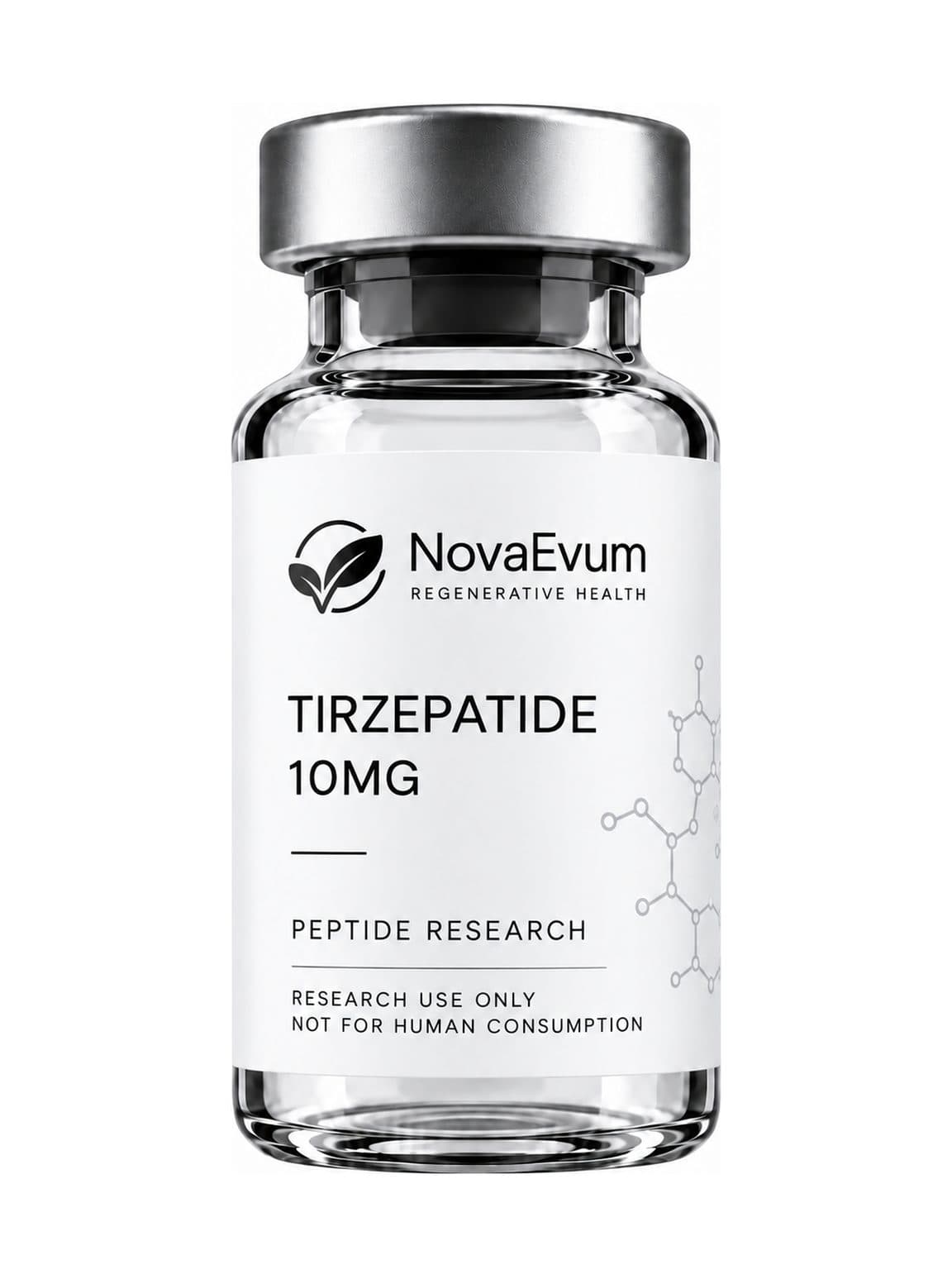 A 10 mg Tirzepatide vial: clear glass with a silver crimped cap, labelled TIRZEPATIDE 10MG, peptide research, research use only.