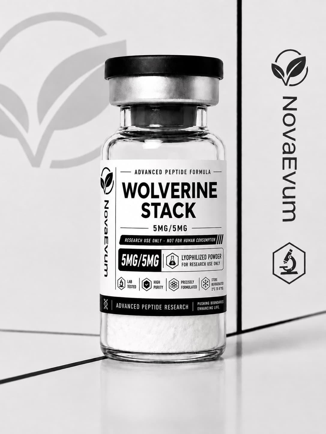 A 5 mg + 5 mg Wolverine Stack vial of lyophilized powder with a crimped cap, labelled research use only.
